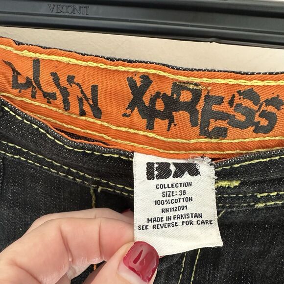 Bklynn Xpress Jeans 38x33 Embroidered Y2K Grunge Black Denim Relaxed High Rise - Picture 2 of 9